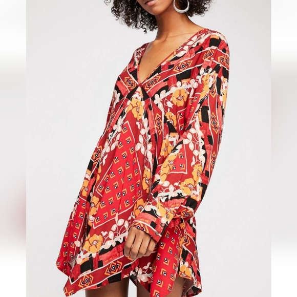 Free People Ride To the Sunset Floral Tunic Top Mini Dress - Med - Peasant Boho - Picture 2 of 9